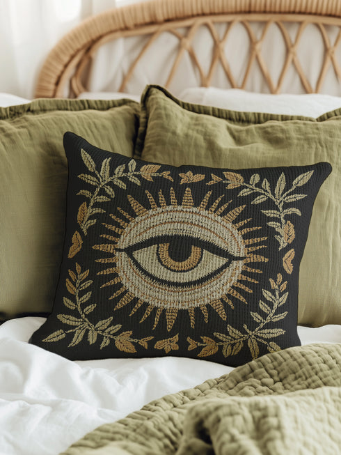 A black woven throw pillow with intricate gold and ivory embroidery featuring an Evil Eye motif, surrounded by botanical flourishes and sunburst details.